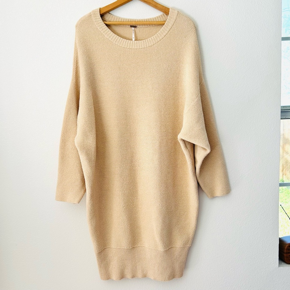 Free People Oversized Sweater Tunic Dress Beige Round Neck Cozy Boho Size XS
